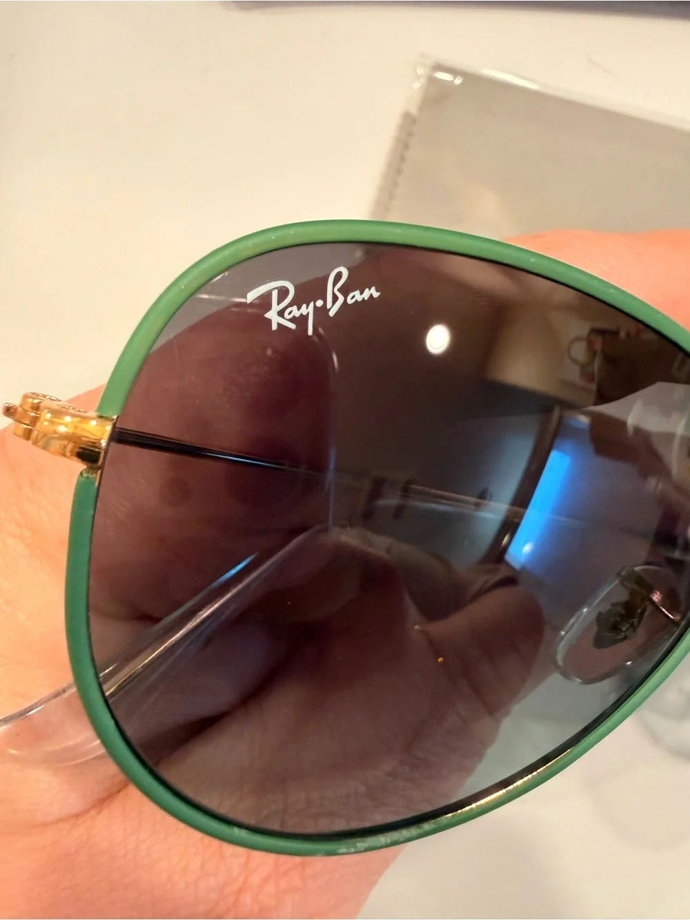 Ray-Ban Gold Frame Aviators with Green Trim and Dark Lenses